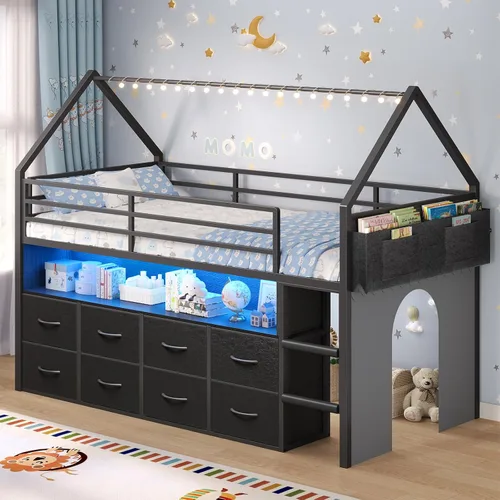 BTHFST Cama tipo loft tamaño twin para niños, 8 cajones de almacenamiento y luces LED, cama de metal en forma de casa con estantería, escalera de