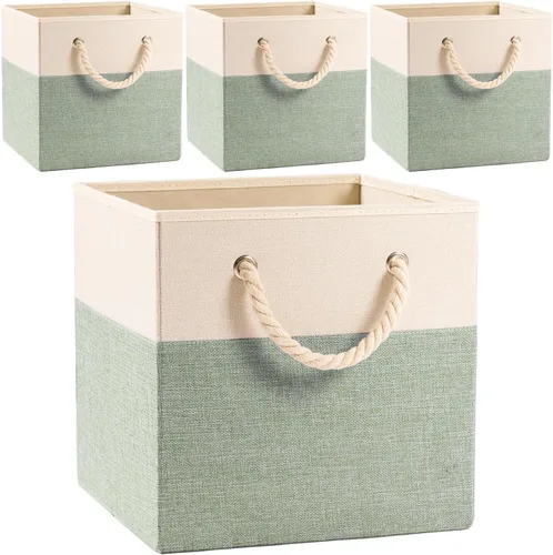 Miniatura 16 de PRANDOM Contenedores plegables grandes de almacenamiento de 11 x 11 pulgadas [paquete de 4] cestas de almacenamiento de tela de lino, cubos con asas