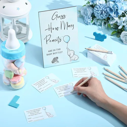 Miniatura 6 de Colarr - 122 piezas de Baby Shower Games Guess How Many 1 cartel de pie de madera de elefante, 1 botella de leche, 100 tarjetas de adivinación, 20