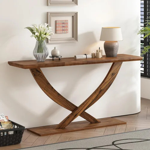 Mesa consola de 57 pulgadas para entrada, moderna mesa de sofá, mesa de sofá rústica con diseño de patas cruzadas, mesa de chapa de acacia para