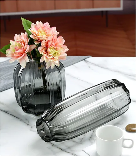 Miniatura 6 de Jarrón de vidrio negro gris para flores, jarrones altos de vidrio gris oscuro, H-8.0" diseño de rayas simples para decoración de piso del hogar, B
