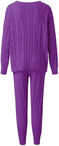 Miniatura 3 de Hugncmy Conjunto de pantalones de suéter de cuello redondo de color sólido para mujer