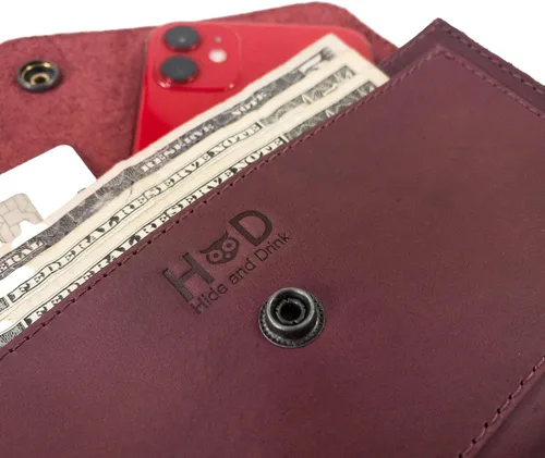 Miniatura 10 de Hide & Drink, Cartera grande de cuero para mujer, organizador de dinero, billetes planos, bolsa, estuche, elegante, hecho a mano, Bourbon Marrón