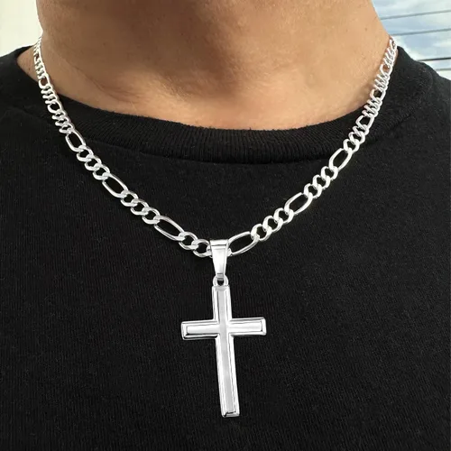 Miniatura 2 de Collar de plata de ley con colgante de cruz tradicional de 5mm para hombre. Cadena estilo Italiano Figaro