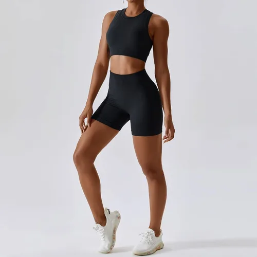 Miniatura 99 de Conjuntos de entrenamiento para mujer, 2 piezas, sin costuras, acanalada, sin mangas, brasier deportivo, cintura alta, pantalones cortos