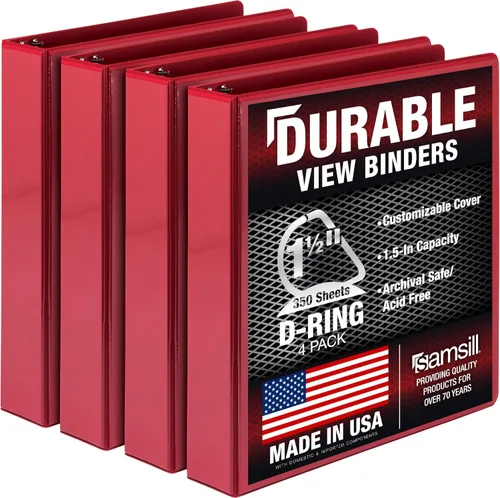 Samsill Carpeta duradera de 1.5 pulgadas, fabricada en los Estados Unidos, carpeta de anillos en D, carpeta transparente personalizable, color rojo,