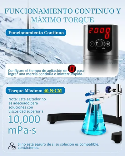 Miniatura 2 de Agitador eléctrico Max.40L LCD Digital Lab Mixer 10000mPa.s Tiempo y velocidad ajustable varilla de agitación incluida 100-2000RPM 120W