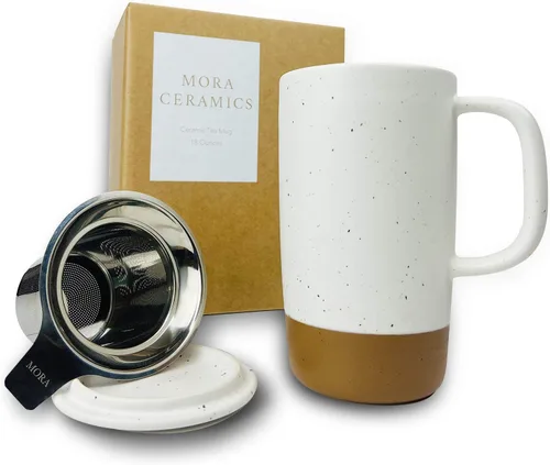 Mora Ceramics - Taza de té grande con infusor de hojas sueltas y tapa de cerámica, 18 onzas, portátil, apta para microondas y lavavajillas, taza de