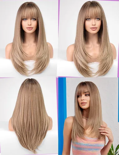 Miniatura 2 de Pelucas rubias cenizas para mujer, peluca larga recta en capas con flequillo, cabello sintético natural con raíces oscuras
