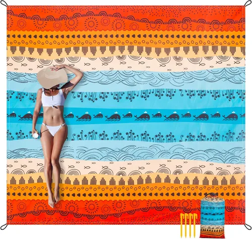 Miniatura 19 de Manta de playa impermeable a prueba de arena, 78 x 86 pulgadas, alfombra de playa grande para 2-4 adultos con estacas, libre de arena, de secado
