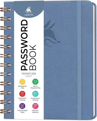 Miniatura 22 de Clever Fox Libro de Contraseñas en Espiral – Organizador de Direcciones de Internet y Contraseñas con Pestañas Alfabéticas Laminadas – Diario Negro