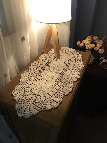 Miniatura 2 de Damanni Tapete ovalado de algodón hecho a mano con encaje de ganchillo, 12 x 24 pulgadas, color beige