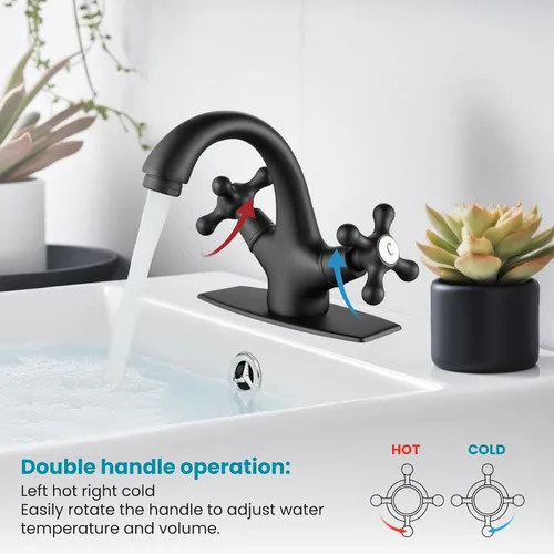 Miniatura 5 de gotonovo Grifo de lavabo de baño de un solo agujero, doble mango cruzado, pomos mezcladores para lavabo con drenaje desplegable y placa de cubierta