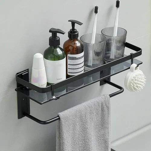 VOLPONE Estante de vidrio para baño de 15.7 pulgadas, estantes de baño negros montados en la pared, estantería de vidrio templado con 2 ganchos