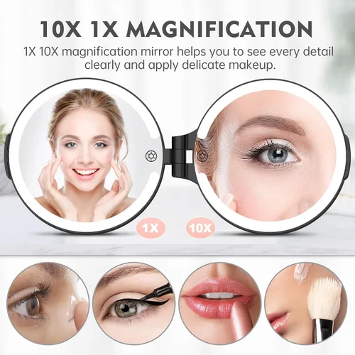 Miniatura 2 de FUNTOUCH Espejo de viaje con luz, espejo de maquillaje recargable 1X/10X con aumento, 7 pulgadas, doble cara, 3 modos de iluminación