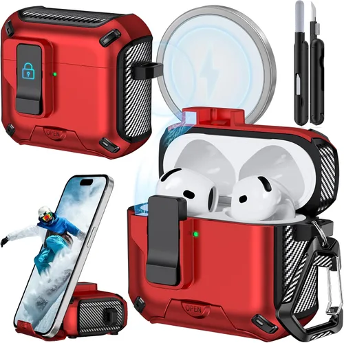 Miniatura 15 de Funda para AirPods Pro 2 (2023/2022/2019) con soporte para teléfono, (con interruptor a presión automático), diseño de fibra de carbono, cubierta