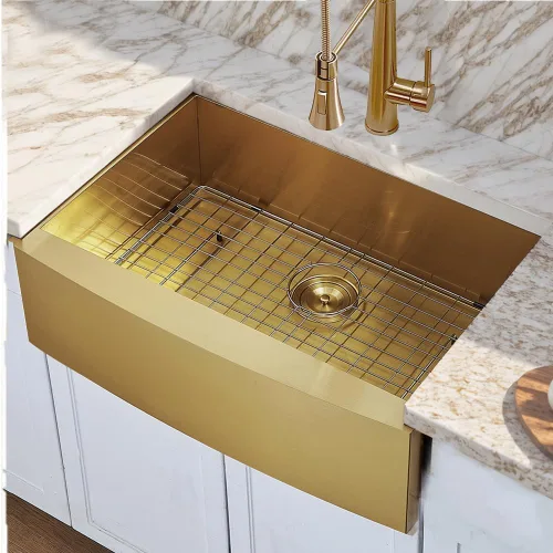 Miniatura 4 de HOTIS Gold Fregadero de Granja, Fregadero de Cocina de 30 Pulgadas Dorado, Delantal Plano Delantero Bajo Montaje Fregadero de Granja, Fregadero