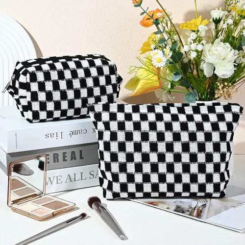 Miniatura 2 de SOIDRAM Bolsa de maquillaje negra de 2 piezas, bolsa grande de cosméticos a cuadros, capacidad de mezcla de lona, bolsa de aseo de viaje