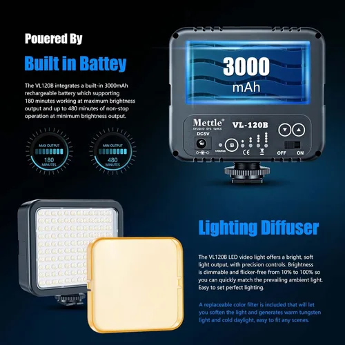 Miniatura 4 de Mettlelite VL120B Kit de luz LED de video regulable, continuo, portátil, para cámara, iluminación de fotografía, luz de video recargable con trípode