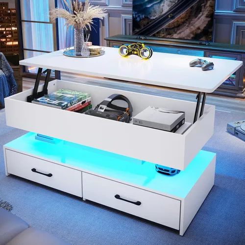 Miniatura 10 de SEDETA Mesa de centro elevable de 40 pulgadas, mesas de centro con almacenamiento para sala de estar, mesa de centro pequeña con 2 cajones y luz LED