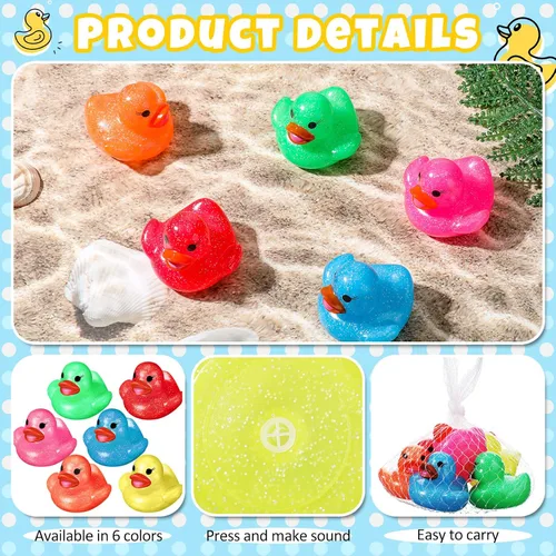 Miniatura 3 de Leitee 24 patos surtidos de patos de goma con purpurina para niños, mini patos con purpurina colorida de color neón, juguetes de baño para regalos