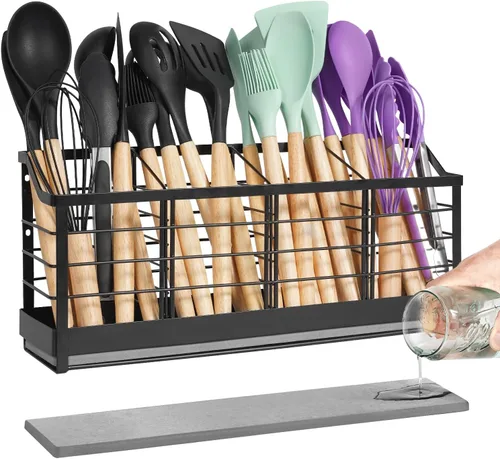 Miniatura 7 de Soporte para utensilios para encimera de cocina, soporte grande para utensilios de cocina de granja, 13.5 x 4.3 x 6.9 pulgadas, con base de madera