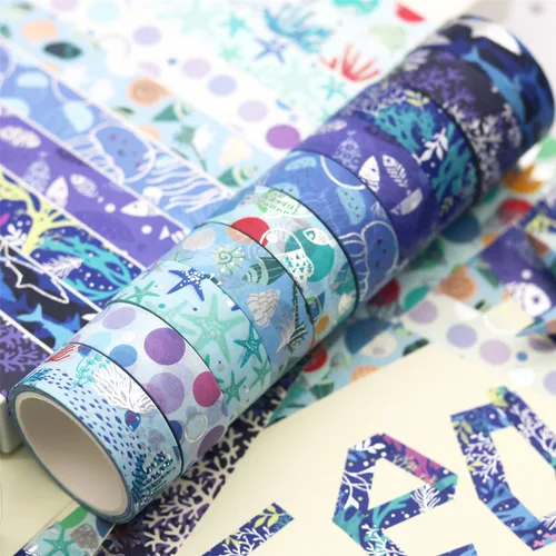 Miniatura 4 de Juego de 10 rollos de cinta washi azul océano, con impresión de lámina plateada, cintas de enmascarar decorativas para artes, manualidades DIY