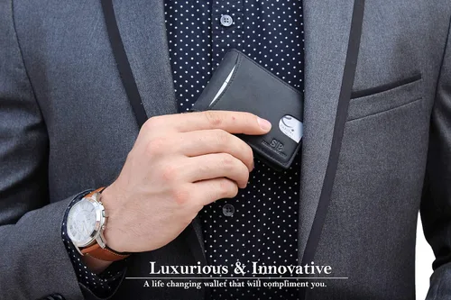 Miniatura 72 de SERMAN BRANDS - Billetera sencilla de cuero genuino con bloqueo RFID para hombre, billetera delgada con bolsillo frontal y clip para dinero
