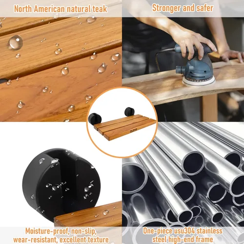 Miniatura 4 de Asiento de ducha plegable de teca de 20 pulgadas montado en la pared, banco de ducha plegable para espacio de ducha pequeño, taburete de madera