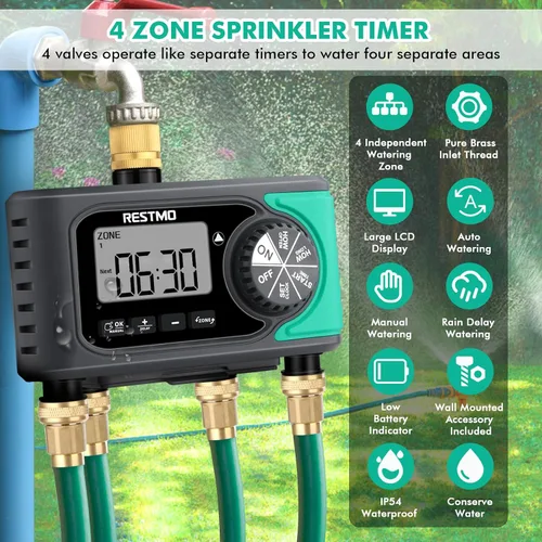 Miniatura 3 de RESTMO - Temporizador de aspersor de 4 salidas con entrada de latón, temporizador de agua programable de 4 zonas para manguera de jardín, control
