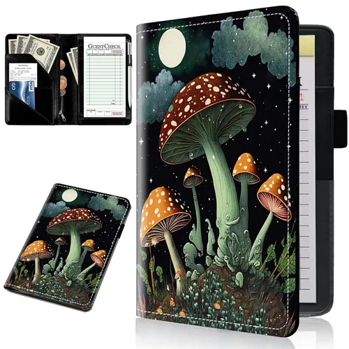 Libreta para mesera, color negro, de 5 x 7.75 pulgadas, con cremallera y soporte para bolígrafo, libro de camarera para tarjetas de crédito, Setas y