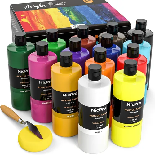 Nicpro - Juego de pintura acrílica de 14 colores en gran volumen (500 ml, 16.9 oz) Suministros de pintura artística ricos, no tóxicos para múltiples