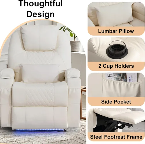 Miniatura 8 de AHMED Silla reclinable eléctrica con masaje por vibración y calor para adultos, asiento de cine en casa de piel sintética con portavasos, luces LED