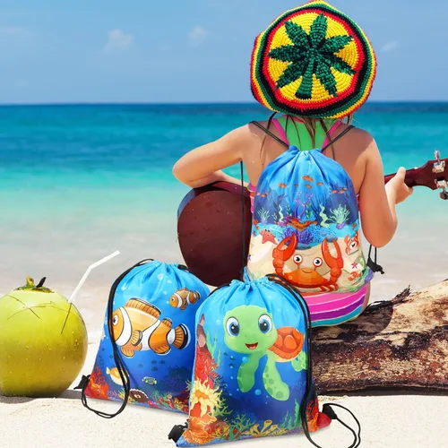Miniatura 2 de Sanwuta 18 bolsas de recuerdo de fiesta bajo el mar, bolsas de regalo del océano, bolsas con cordón para regalo de playa, animales marinos, dulces