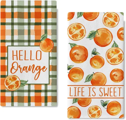 Seliem Hello Orange - Juego de 2 paños de cocina de primavera y verano, Life is Sweet Mandarina y cítricos, toallas de mano para secar y hornear, a