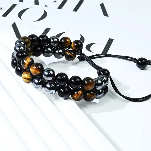 Miniatura 21 de Triple Protection Bracelet Natural Black Obsidian Tigers Eye Hematite Beads Crystal Bracelet Healing Bracelets for Men Women Bring Prosperity Luck