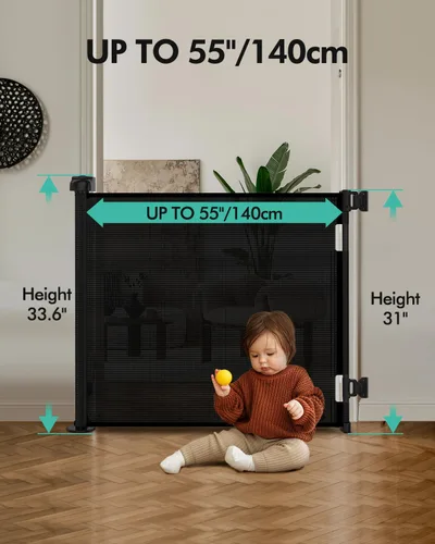 Miniatura 2 de 2 puertas retráctiles para bebé, puerta de malla para perros, 33.6 pulgadas de alto, se expande a 55 pulgadas de ancho, ajuste esencial de seguridad