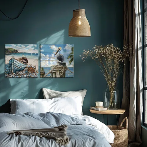Miniatura 8 de Decoración de baño, arte de pared de playa, tema oceánico, imagen azul, impresión en lienzo, obra de arte costera moderna, enmarcada para colgar