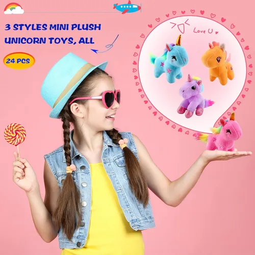 Miniatura 3 de Paquete de 24 minijuguetes de unicornio de peluche a granel, lindo unicornio de peluche pequeño con arco iris para Navidad, Pascua, boda, fiesta