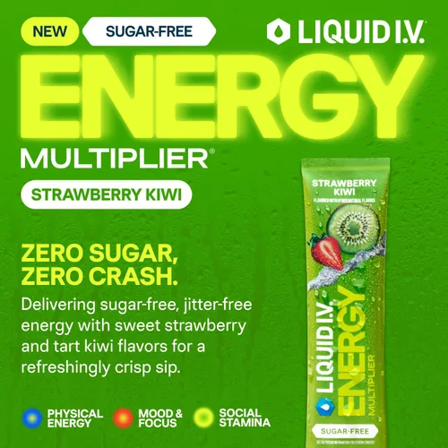 Miniatura 2 de Liquid I.V.® Multiplicador de hidratación sin azúcar, sin energía, fresa y kiwi, mezcla de bebida en polvo con electrolitos, 1 paquete (14 porciones)