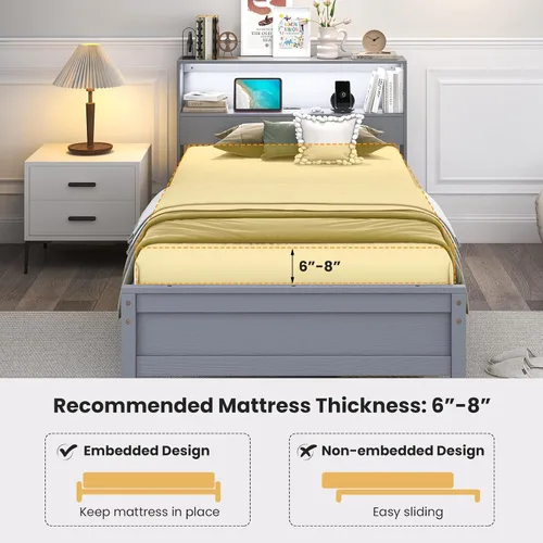 Miniatura 9 de Giantex Base de cama individual con cabecera de almacenamiento, plataforma de madera con estación de carga y luz LED, cama individual con soporte