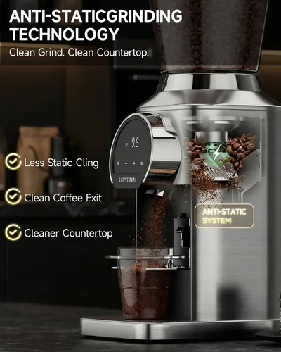 Miniatura 4 de Molinillo de café cónico con rebabas de acero inoxidable de 1.575 pulgadas, 34 ajustes de molienda y antiestático, molinillo eléctrico para expreso