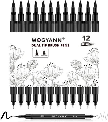 Bolígrafos de dibujo, paquete de 12 bolígrafos de doble pincel, marcadores negros para dibujo artístico, bocetos
