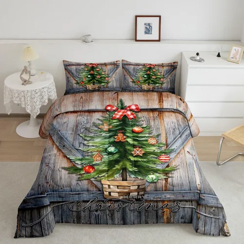 Miniatura 41 de Juego de edredón de Feliz Navidad para niños, tamaño twin, juego de ropa de cama de camión rojo árboles de pino copos de nieve, decoración