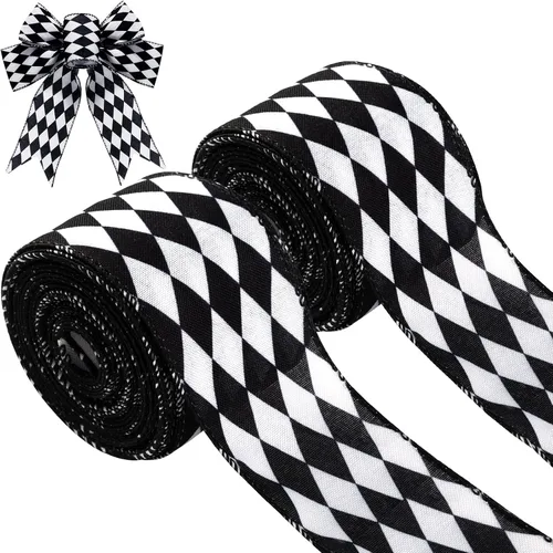 2 rollos de cinta a cuadros de Navidad, color blanco y negro, borde con alambre, patrón de diamante, cintas decorativas para envolver árboles de