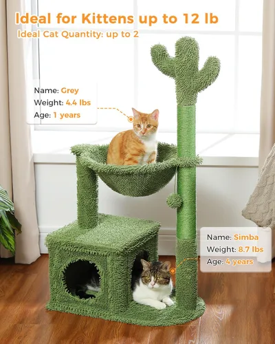 Miniatura 4 de MUTTROS Árbol de gato Cactus de 40" con torre para gatos, hamaca de alfombra grande de metal, poste para arañar para gatos de interior con Verde