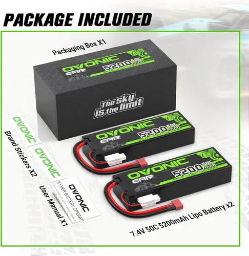 Miniatura 6 de OVONIC 2s Lipo Battery - Batería Lipo de 5200 mAh 7.4 V con conector en T estilo Dean para automóviles, camiones, barcos, vehículos (2 paquetes)
