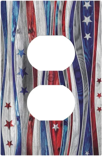 Bandera americana rústica a rayas de madera de colores con estrella ornamentada, cubierta de salida dúplex, cubierta de interruptor de luz, placa