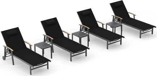 Miniatura 17 de Ciokea Sillón para exteriores con almohada, tumbona de aluminio de 5 posiciones con ruedas y reposabrazos, silla de piscina resistente de 400 libras