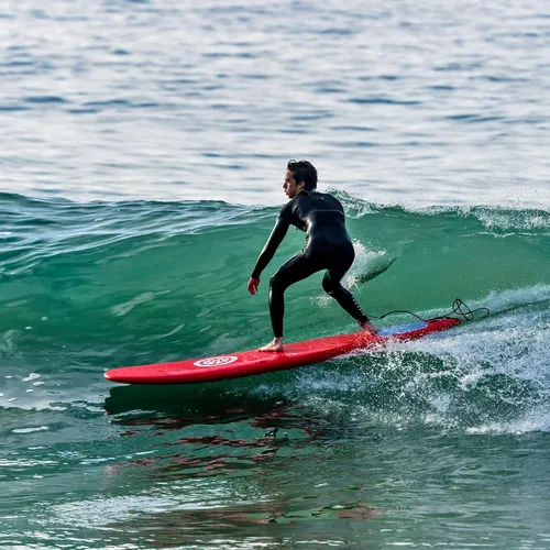 Miniatura 7 de Bloo Tide Tabla de surf de 8 pies con parte superior suave roja con diseño de Wavizm azul gráfico inferior